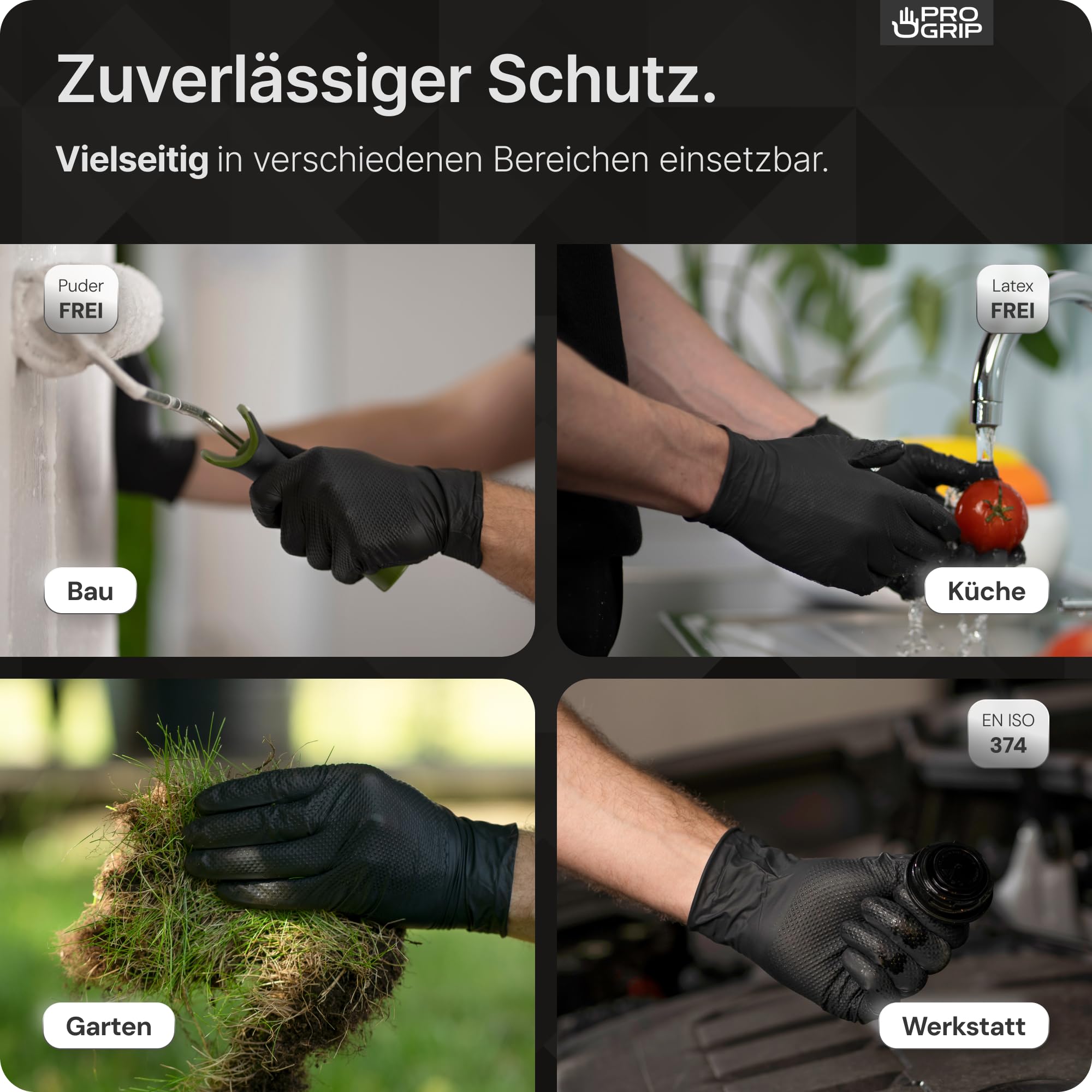 PROGRIP Einweghandschuhe Diamant Grip, Schwarz, Einmalhandschuhe Extra Stark, Nitrilhandschuhe Gr. L, 2x dicker, Handschuhe Einweg, Arbeitshandschuhe für Werkstatt & Montage, 50 Stk/Box 3