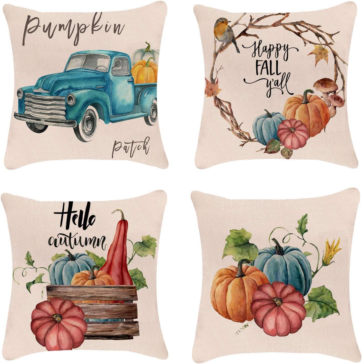 YCOLL Fall Pillow Covers, Throw Pillow Cover 18x18 Set of 4 Modern Sofa, Autumn Harvest Pumpkin Theme Decorative Outdoor/Indoor Linen Fabric Pillow Case for Couch Bed Car 45x45cm