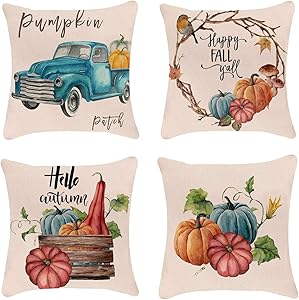 YCOLL Fall Pillow Covers, Throw Pillow Cover 18x18 Set of 4 Modern Sofa, Autumn Harvest Pumpkin Theme Decorative Outdoor/Indoor Linen Fabric Pillow Case for Couch Bed Car 45x45cm