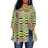 Afibi Womens Print Shirt African Dashiki 3/4 Sleeve Boho Loose Tunic Tops