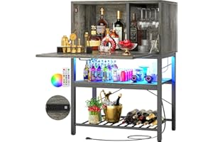 Cyclysio Flippable Bar Cabinet with LED & Power Outlets, 4-Tier Home Bar with Flippable Door, Tall Liquor Cabinet with Glass Holder & Wine Rack, Corner Wine Cabinet, Home, Kitchen, Dining Room, Grey