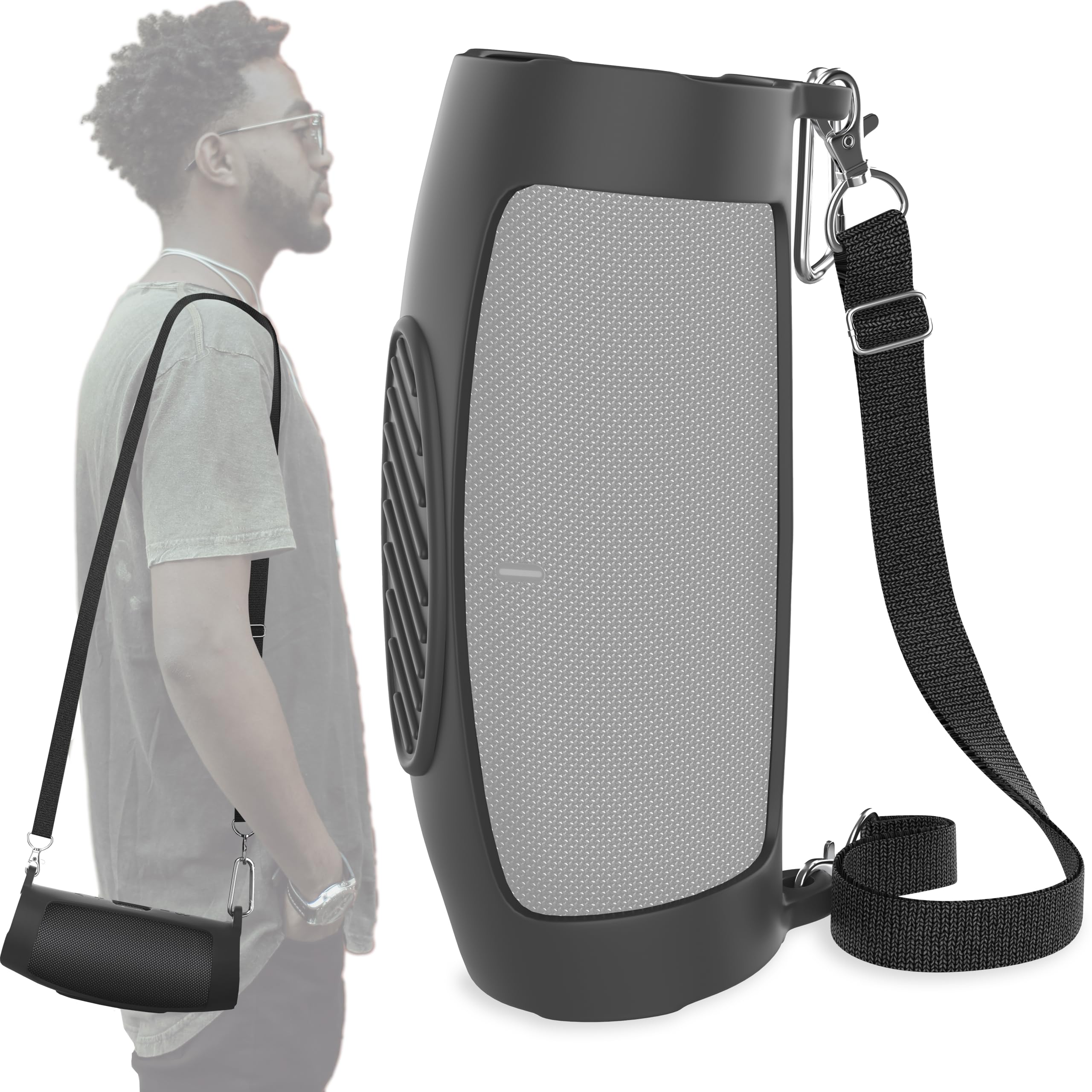 MyGadget silicone case compatible with JBL Charge 5 - with carrying strap [up to 120 cm long] - with extra strong clip - protective cover in black