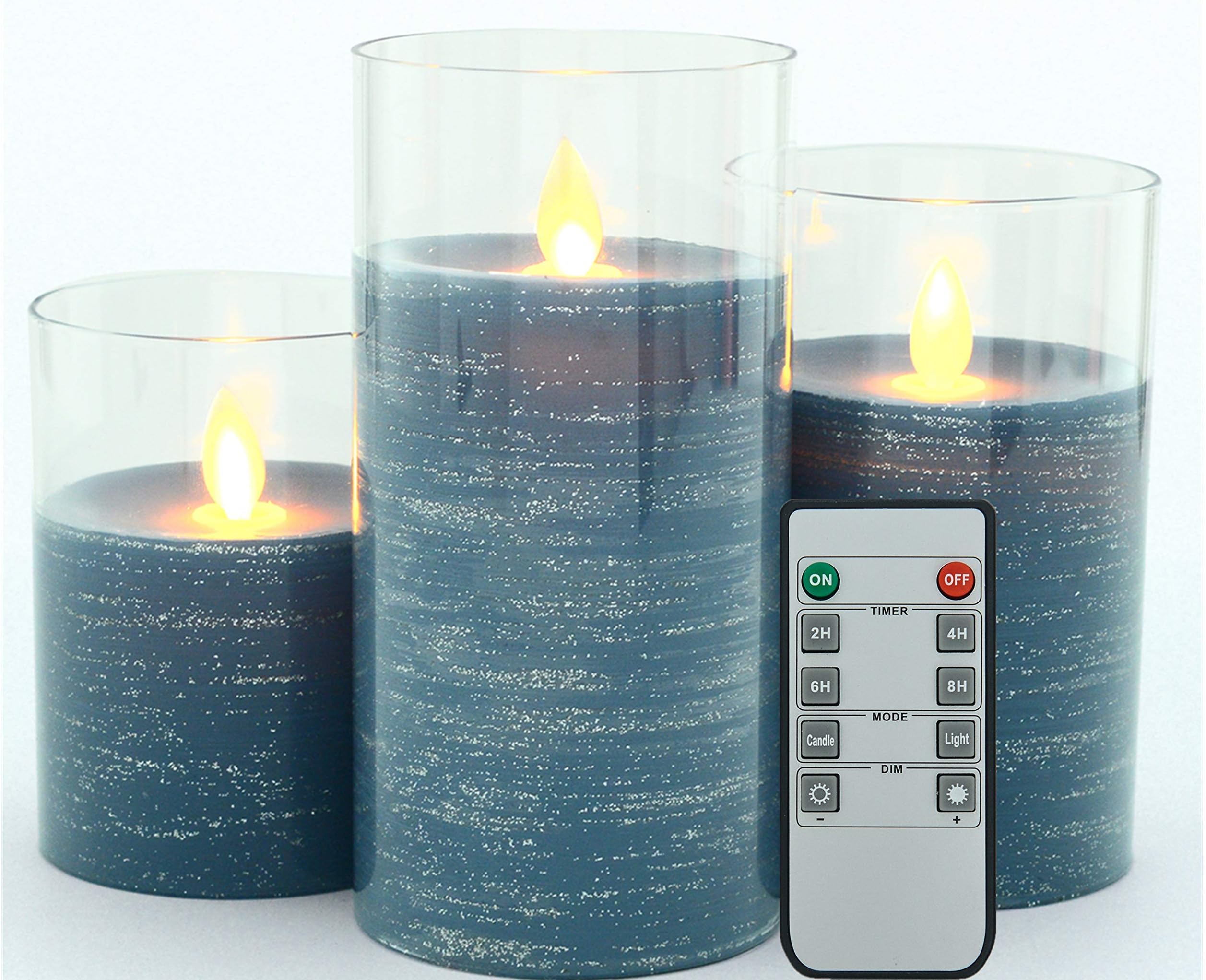 Iovin Flameless Candles 3 Pack Set Drip-Less Real Wax Glass Effect Include Realistic Flickering Flames and 10-Key Remote Control with 24-Hour Timer Function by 3 AAA Batteries (Navy Blue)