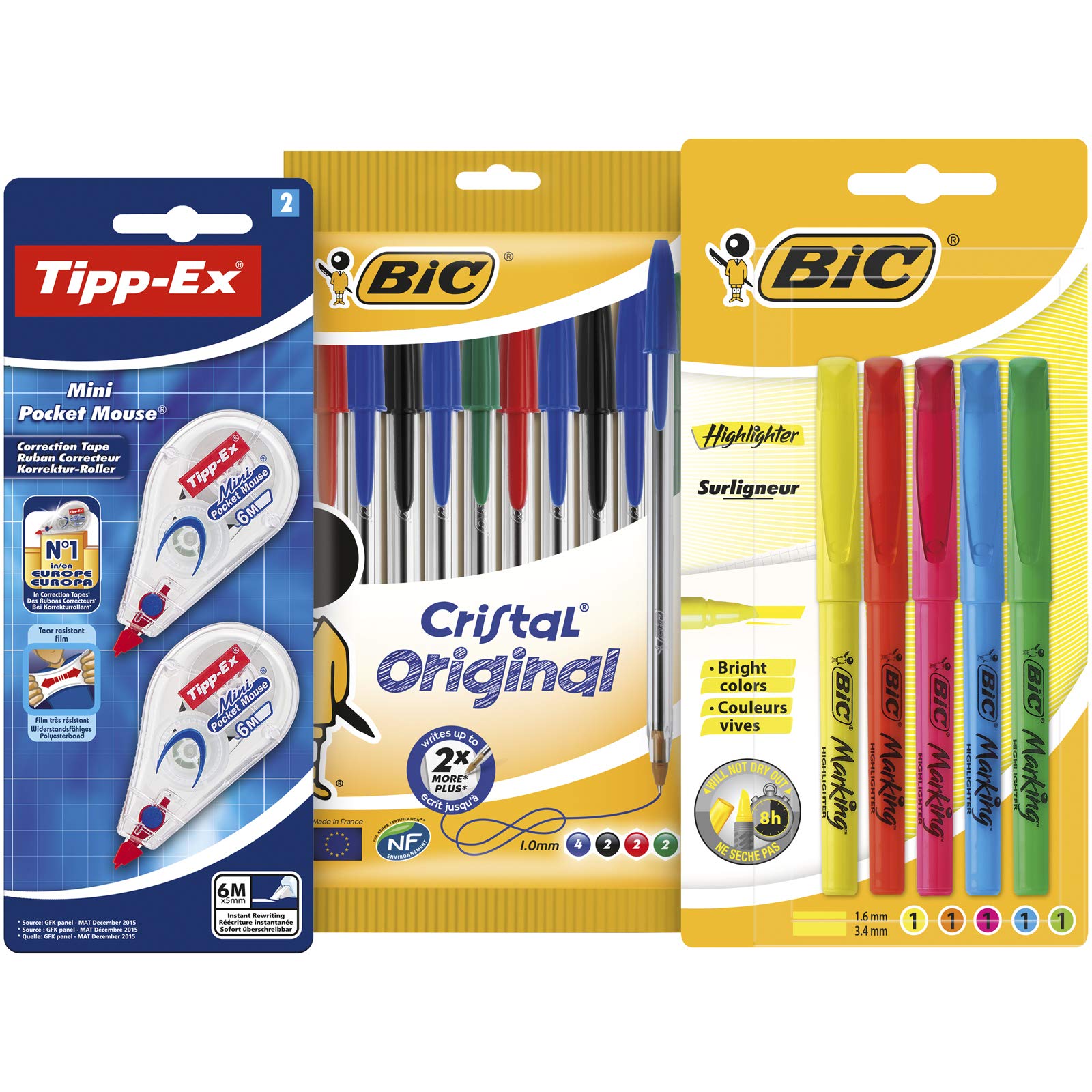Tipp-Ex Mini Pocket Mouse Correctors, BIC Cristal Original Ball Pens, BIC Highlighter Pens - Assorted Colours, Lot of 1, silver