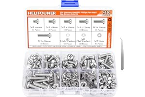 HELIFOUNER 210 Pieces M5 x 6mm /8mm /10mm /12mm /16mm /20mm, Phillips Pan Head Machine Screws, Metric Screws Bolts Washers Nuts Kit, 304 Stainless Steel