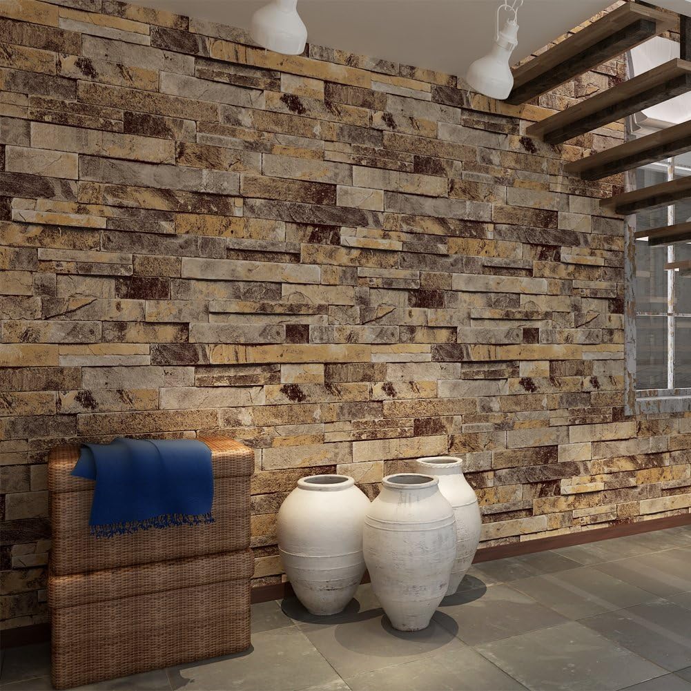 HANMERO 3D Rural Imitation Faux Deep Grey Brick Stone Block Textured Vinyl Wall Paper Murals Roll for Living Room/Bedroom/TV Background Home Decor 20.86'' x 397.3''
