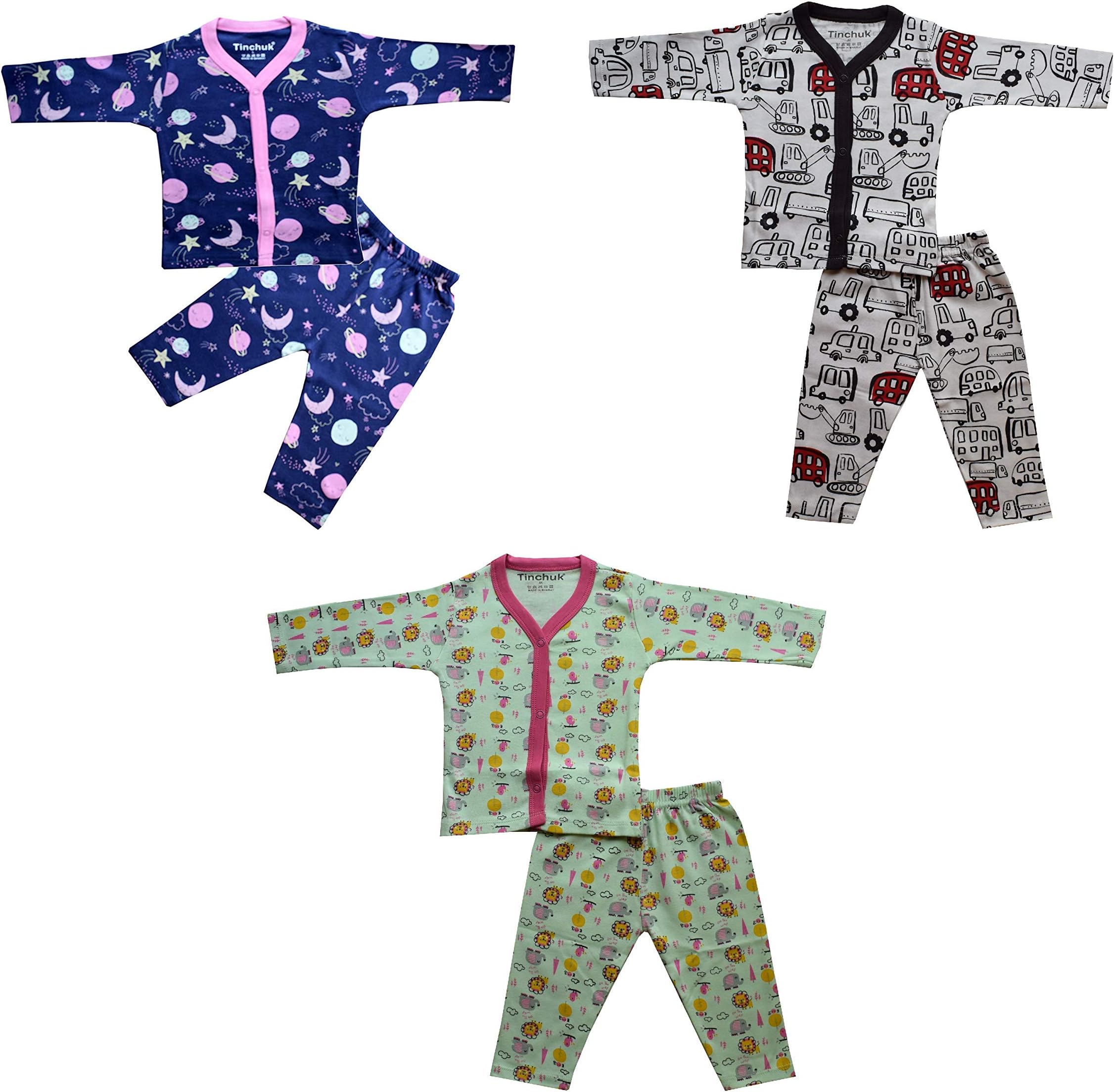 NammaBaby Cotton Front Open Full Sleeves Vest- Tshirt with Rib Leggings Pajama Set Full Sleeves Tee and Lounge Pant Multi-Coloured Set of 3