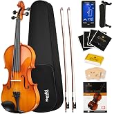 Mendini by Cecilio Violin 4/4 Full Size Set For Beginners - Hand Carved Acoustic Violins Set - Fiddle Solidwood Kit with Hard Case, Two Bows, Tuner, Rosin, Shoulder Rest, Extra Strings, Lesson Book
