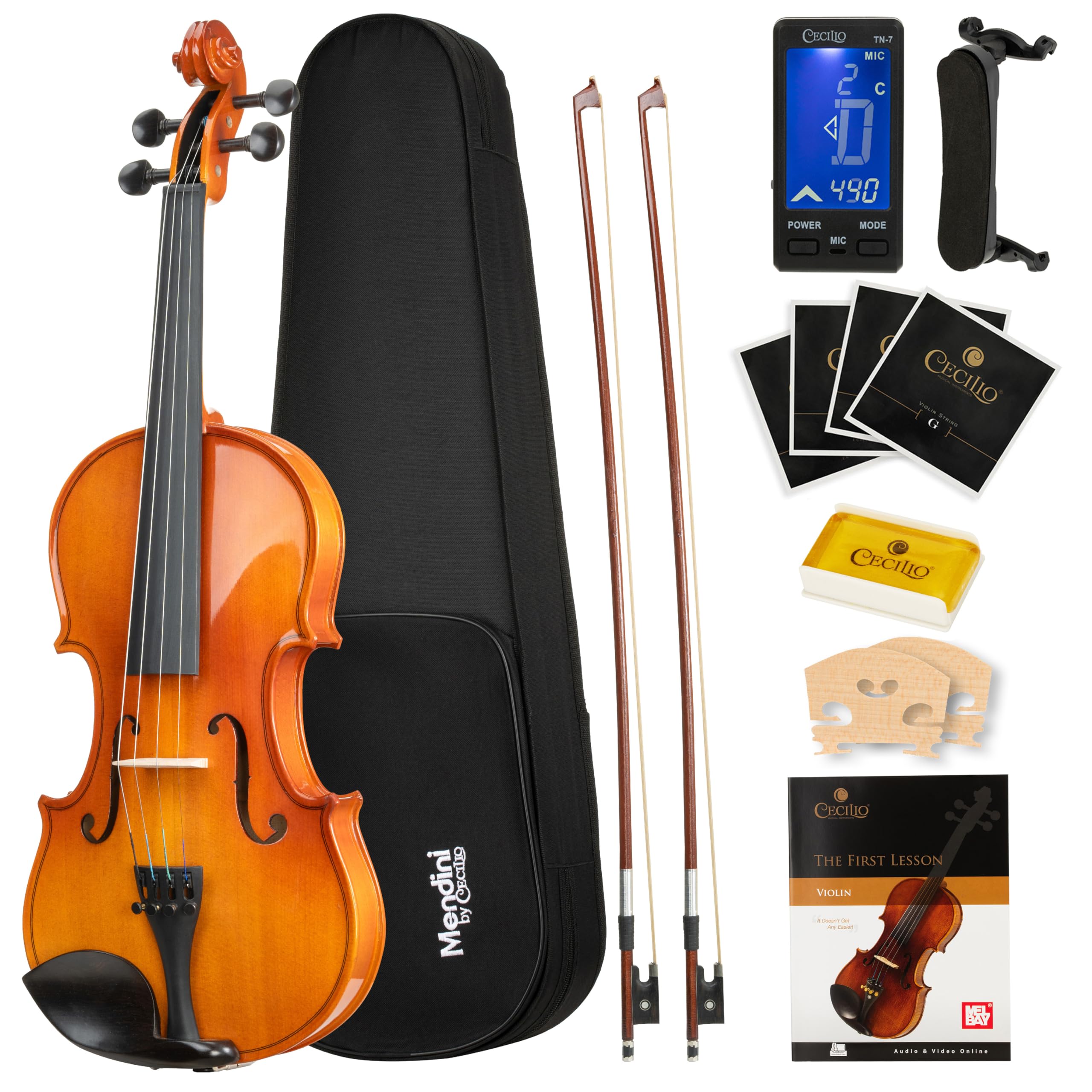 Mendini by Cecilio Violin 4/4 Full Size Set For Beginners - Hand Carved Acoustic Violins Set - Fiddle Solidwood Kit with Hard Case, Two Bows, Tuner, Rosin, Shoulder Rest, Extra Strings, Lesson Book
