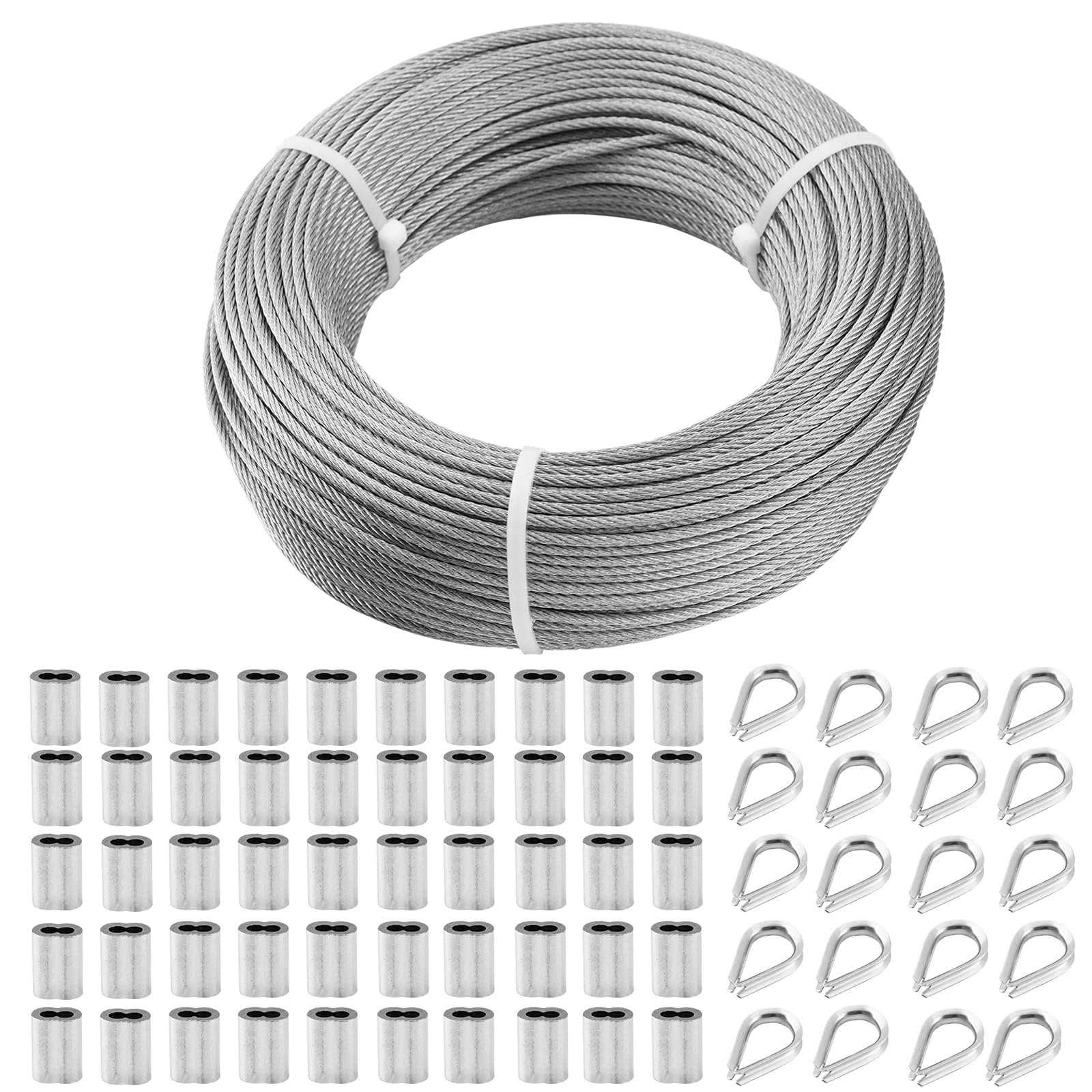 TooTaci 3mm Stainless Steel Wire Rope, 100M Steel Cable with M3 Crimping Sleeves & Thimble – Ideal for Garden Trellis, Fence Support, Railing & Outdoor Hanging Solutions