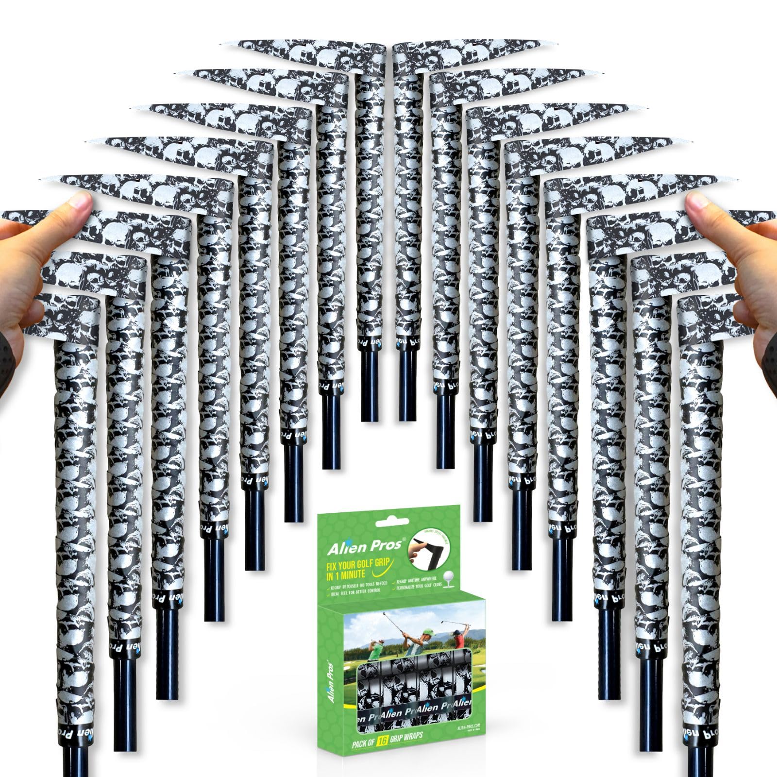 Alien Pros Golf Grip Wrapping Tapes (16-Pack) - Innovative Golf Club Grip Solution - Enjoy a Fresh New Grip Feel in Less Than 1 Minute (16-Pack, Skull Black)