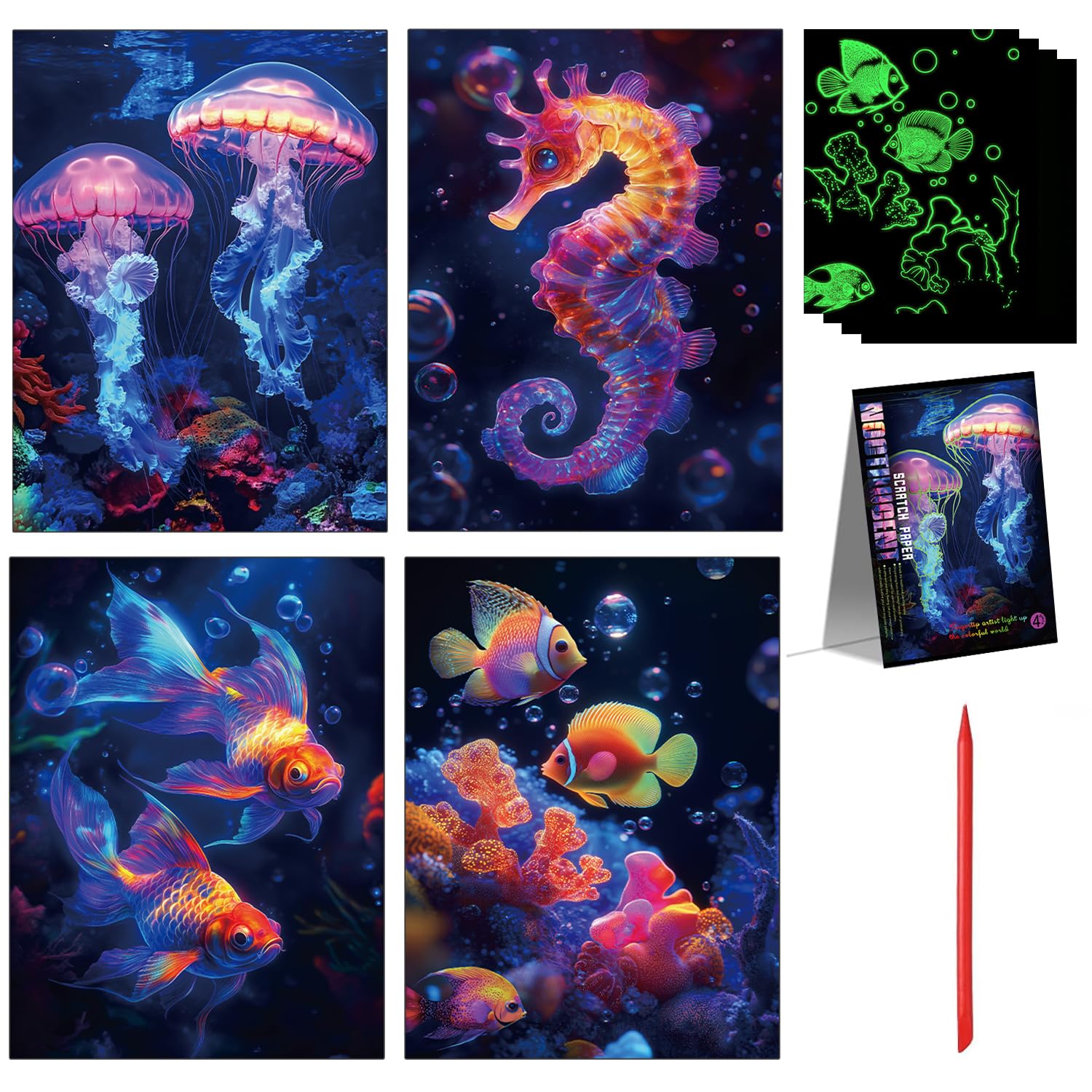 CENCERY 5Pcs Ocean World Glow in The Dark Scratch Art Cards, Sea Animals Scratch Art for All Ages, Party Bag Fillers, Creative Birthday