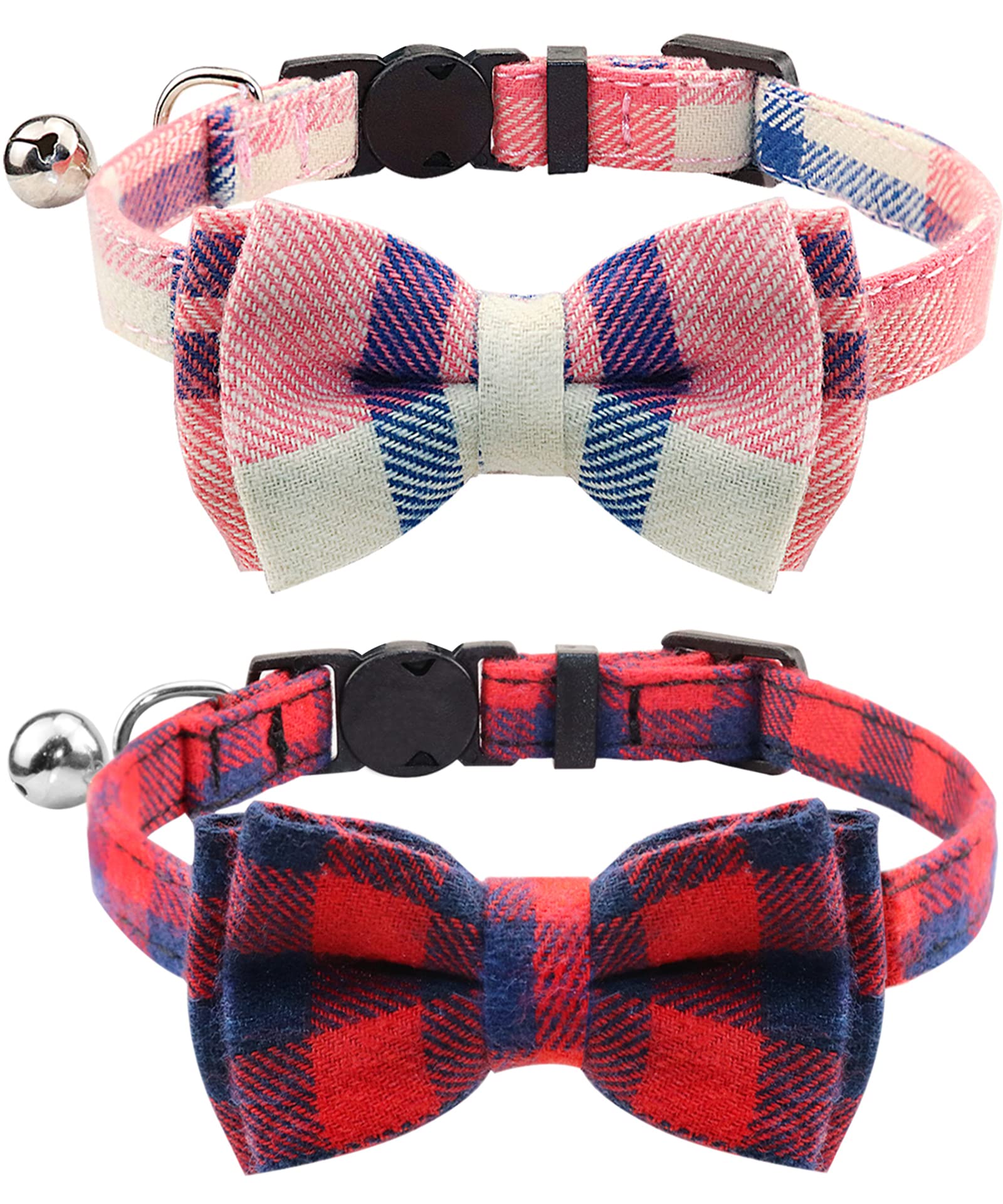 Joytale Cat Collar with Bell and Bow Tie, Soft Tartan, Quick Release Safety Collars for Kitten and Cats, 2 Pack, Pink+Red