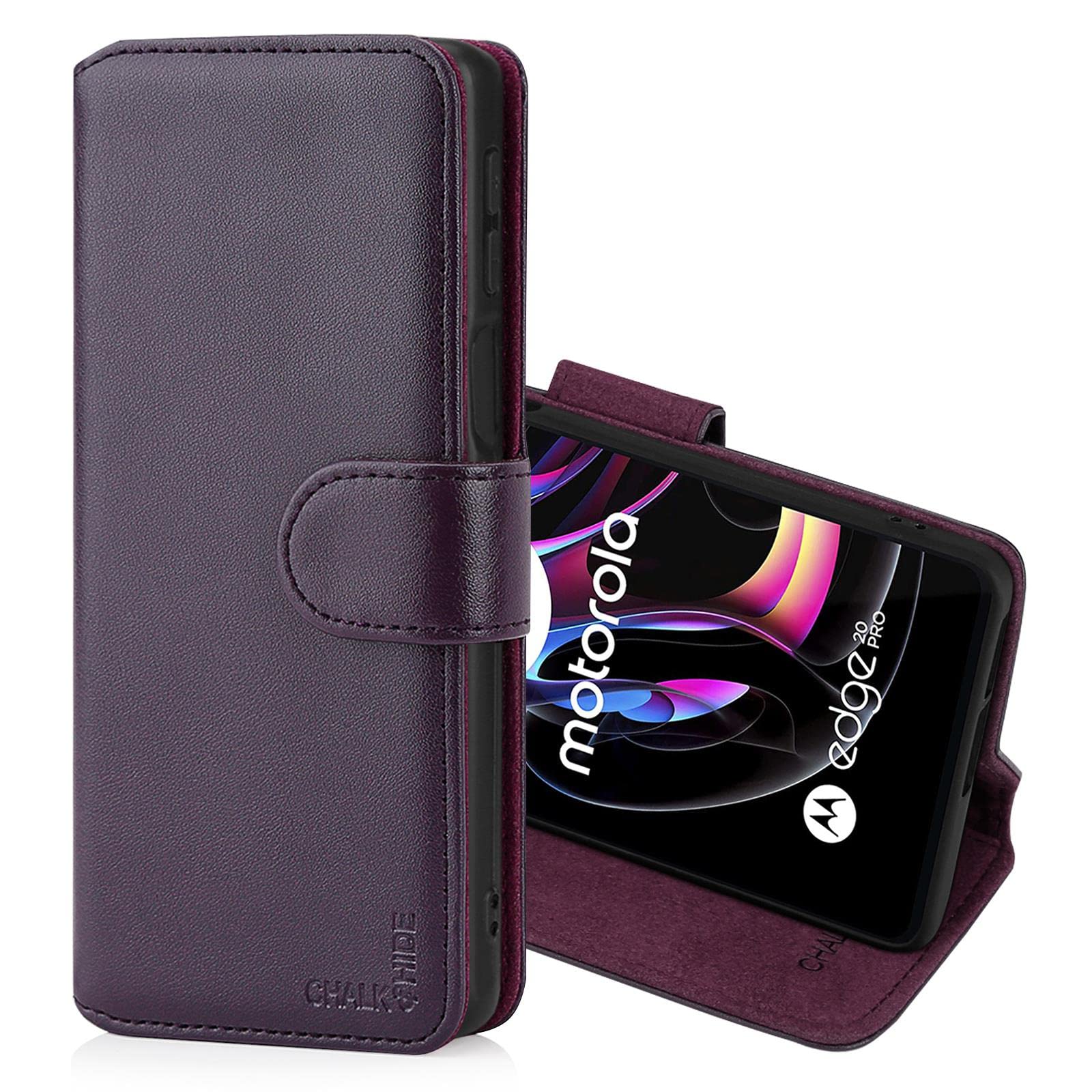 CHALK & HIDE - Real Leather Book Wallet Flip Case Cover For Motorola Moto Edge 20 Pro, Real Leather Design With Card Slot, Magnetic Closure and Built In Stand - Aubergine