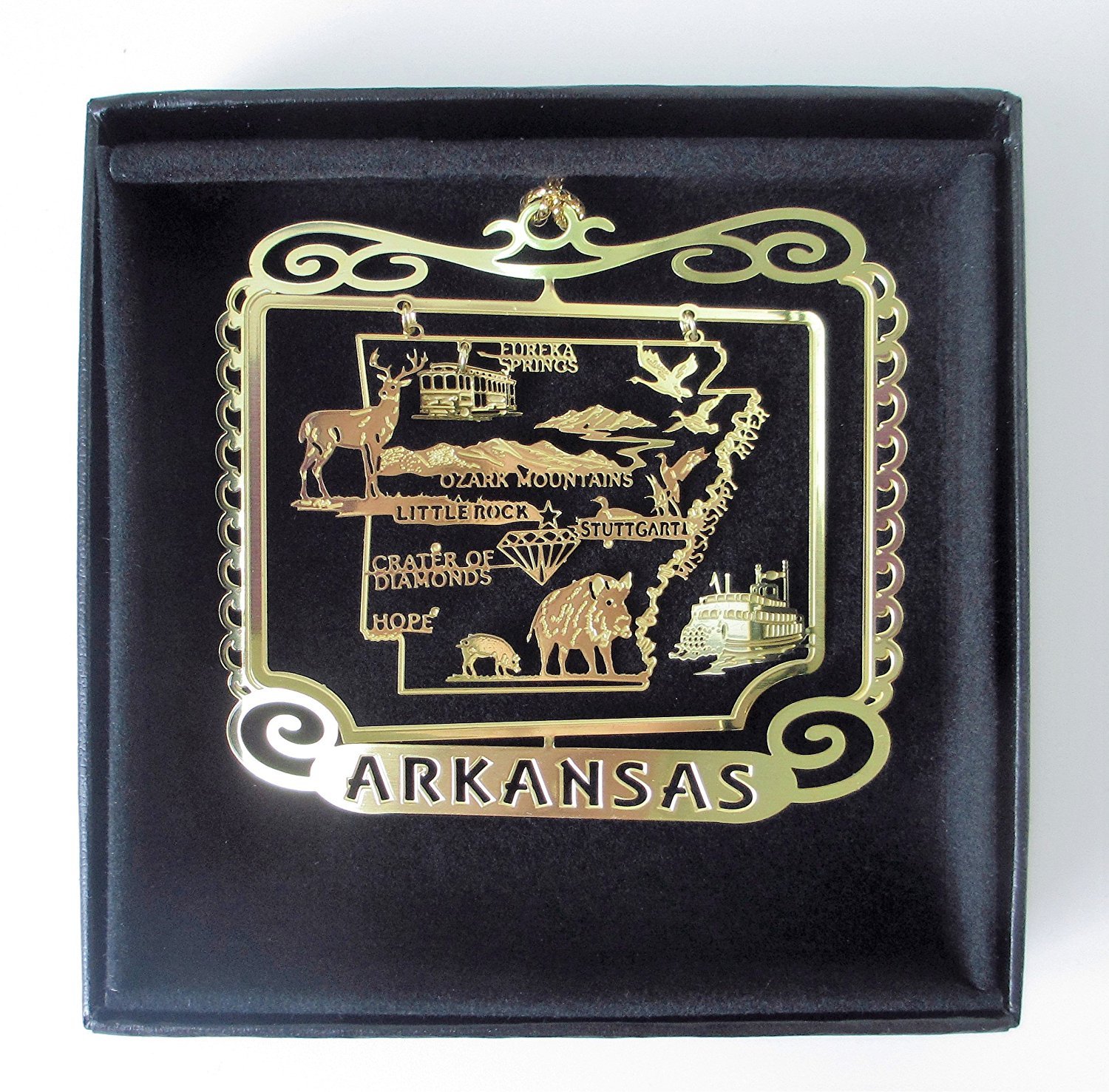 Arkansas State Brass Ornament Black Leatherette Gift Box
