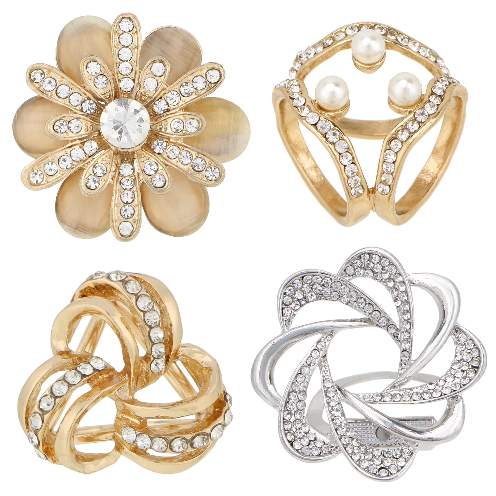 kilofly 4pc Women's Elegant Faux Pearl Crystal Rhinestone Scarf Ring Buckle Clip