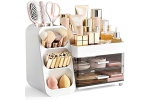 HBlife Makeup Organizer with Brush Holder for Vanity, Large Plastic Bathroom Countertop Organizer Skin Care Storage, Easy to Store Lipsticks, Nail Polishes, Perfumes, Eyeshadow Palettes, White