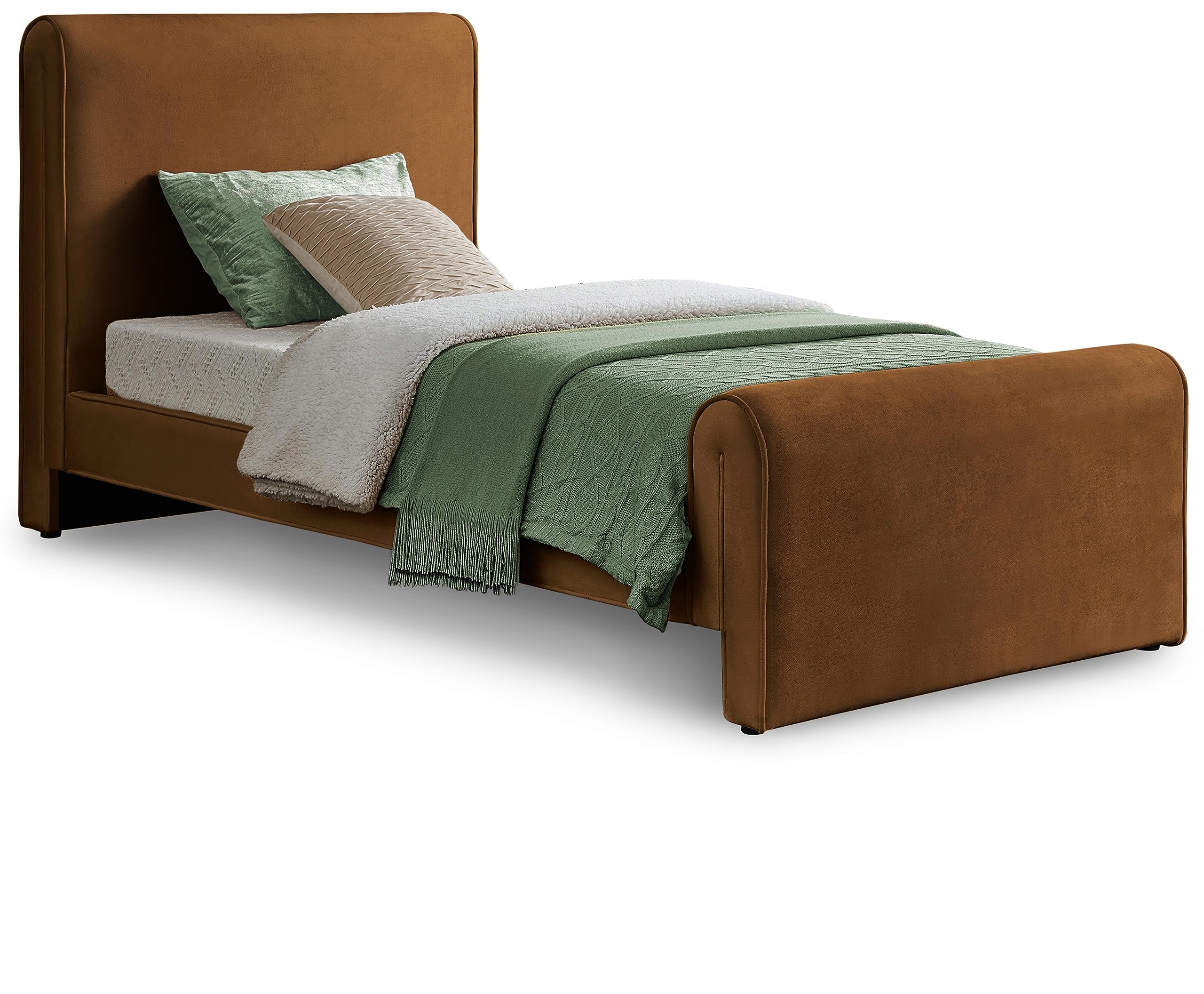Photo 1 of Meridian Furniture SloanSaddle-T Sloan Collection Modern | Contemporary Velvet Upholstered Twin Bed with Rich Soft Saddle Velvet, Curved Headboard and Footboard, 44.5" W x 92" D x 45" H, Saddle, Twin