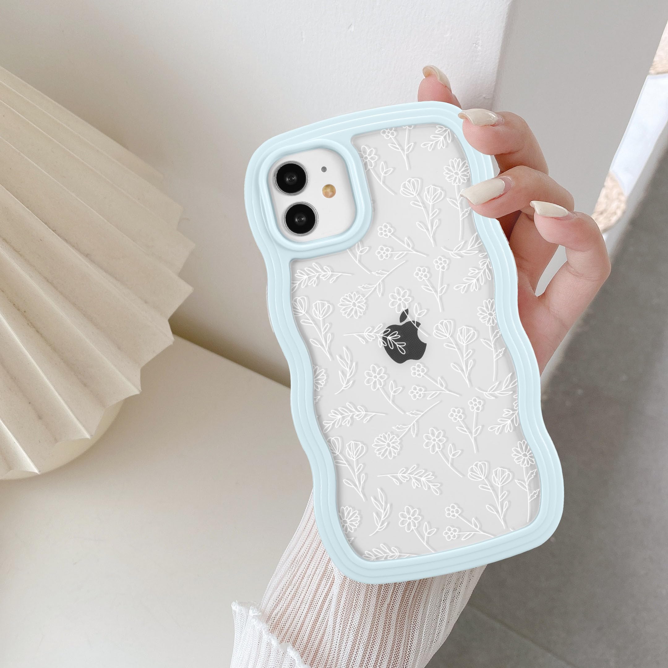 QLTYPRI for iPhone 11 Case, Cute Curly Wave Frame Clear Case for Girls Women, Flower Clear TPU Bumper Slim Soft Silicone Shockproof Protective Phone Cover for iPhone 11 - White Floral/Light Blue