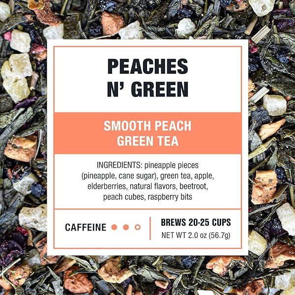 TIESTA TEA – PEACHES N’ GREEN, LOOSE LEAF, SMOOTH PEACH GREEN TEA, PREMIUM MEDIUM CAFFEINATED BLEND, MAKE HOT OR ICED, BREWS UP TO 25 CUPS, 2.0 OUNCE RESEALABLE POUCH
