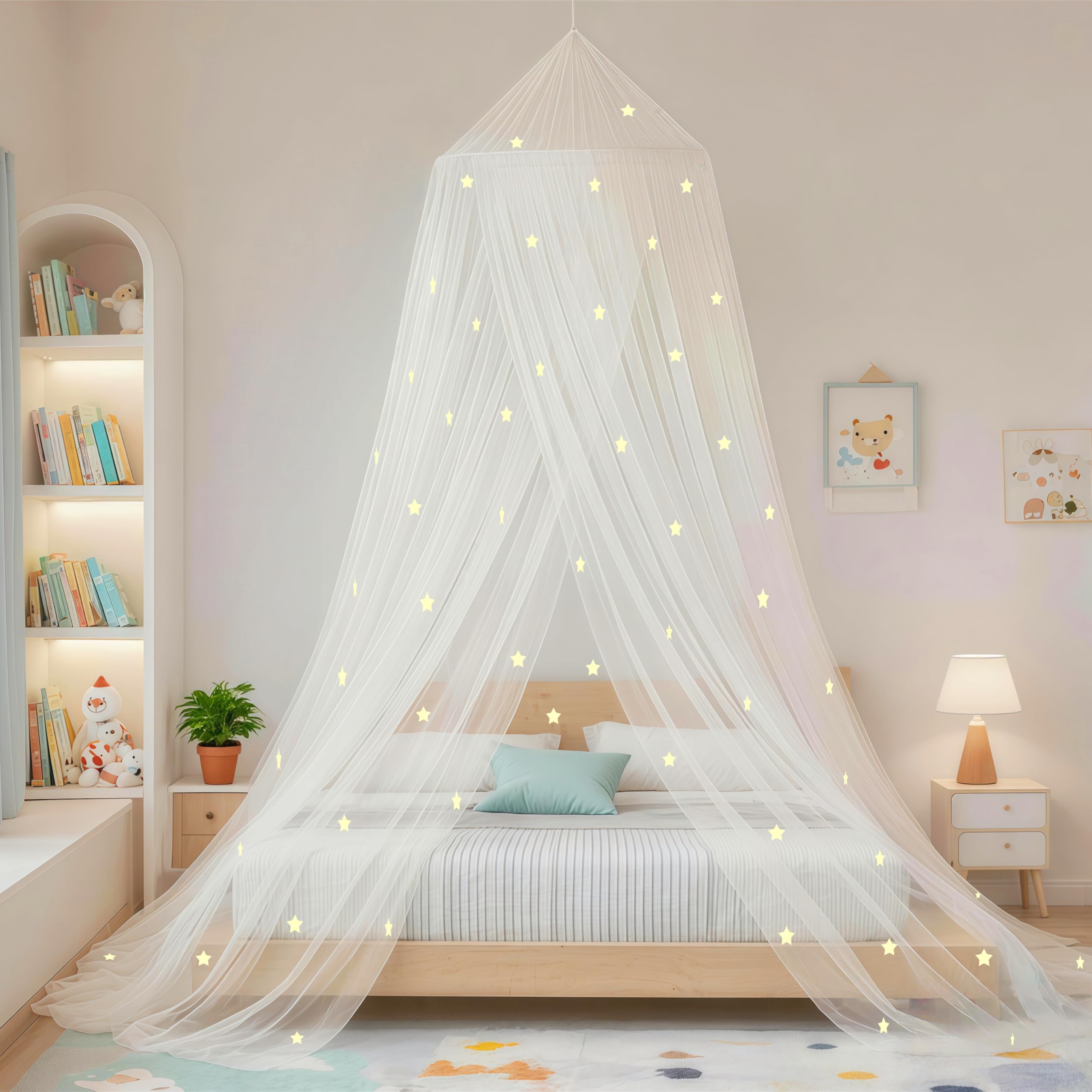 Eimilaly Stars Bed Canopy Glow in The Dark, Bed Canopy for Girls Mosquito Net, Princess Canopy for Girls Bed Room Decor, White — image 1