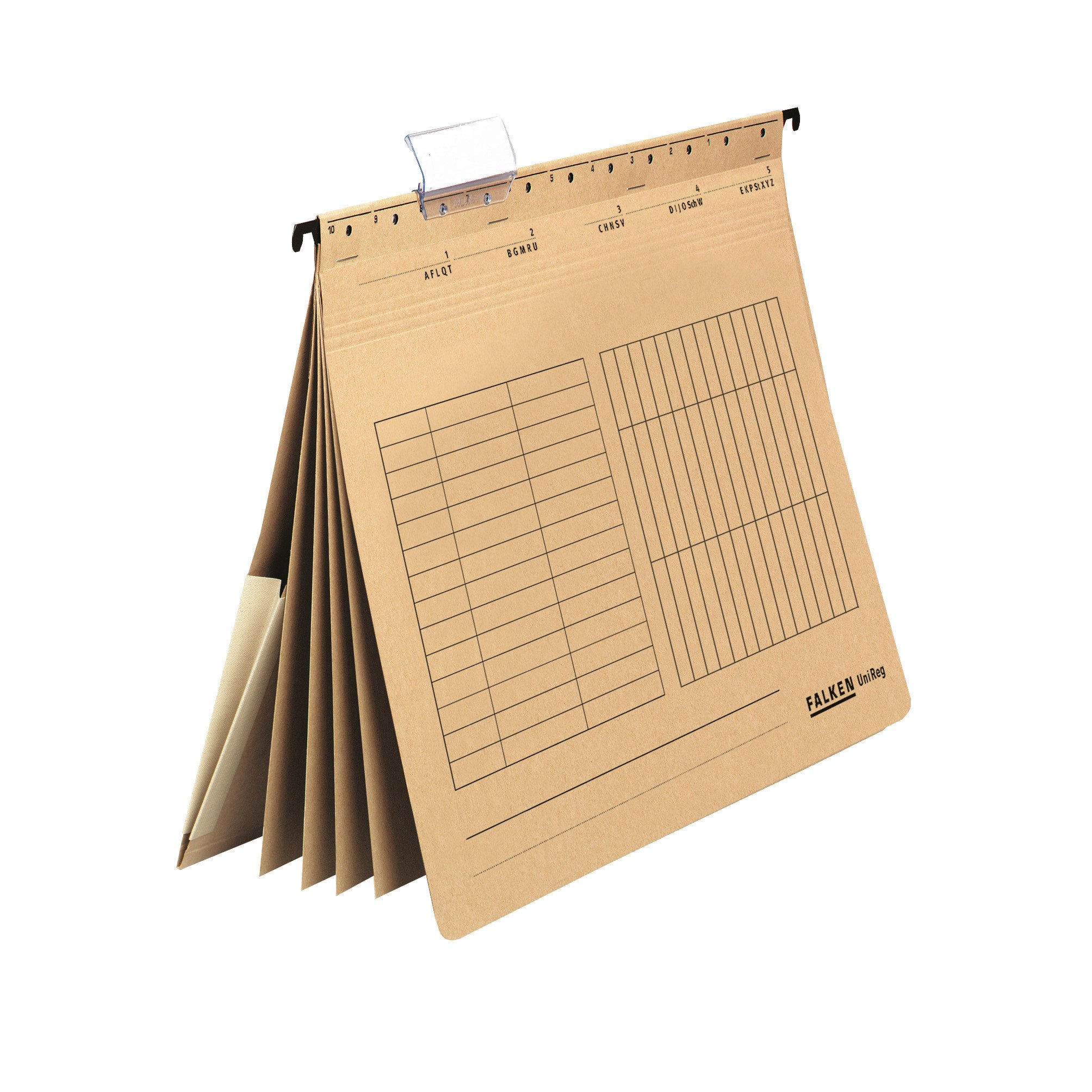 Original Falken UniReg multiple hanging file. Made in Germany. Made of recycled cardboard brown, commercial stapling, DIN A4, 4 dividers, 4 staples, inside pocket on the spine Blue Angel
