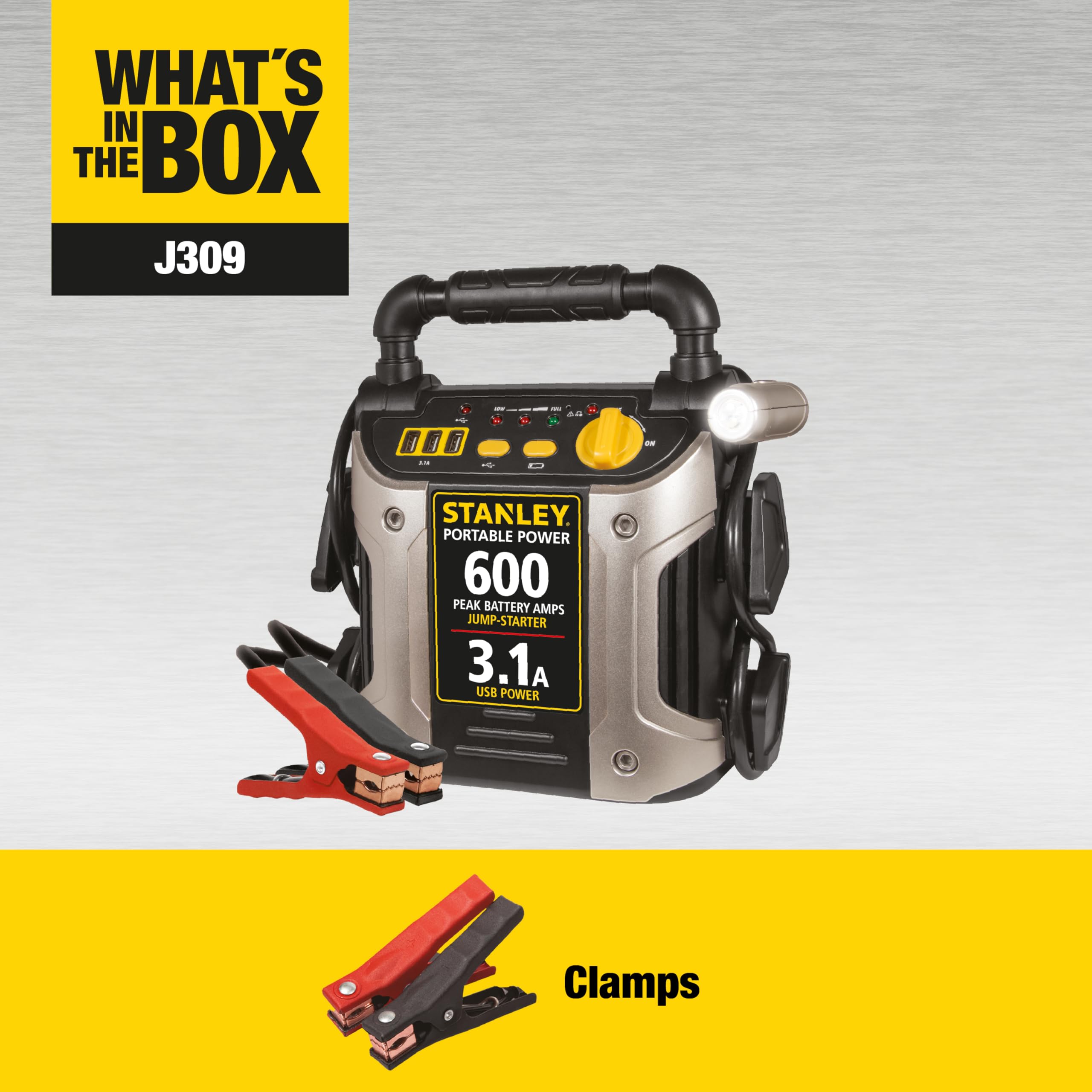 STANLEY J309 Portable Power Station Jump Starter 600 Peak Amp Battery Booster, 3.1A USB Ports, 12 Volts, Battery Clamps