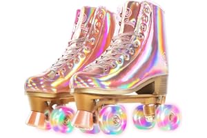 JajaHoho Roller Skates for Women, Holographic High Top PU Leather Rollerskates, Shiny Double-Row Four Wheels Quad Skates for Girls and Age 8-50 Indoor (Pink Rose Gold)