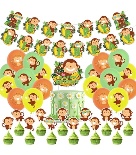 Monkey Birthday Banner Decorations Set - Happy Birthday Banner & 8 Garland Pieces For Boys' 1st, 2nd, 3rd Birthday Party - View #2