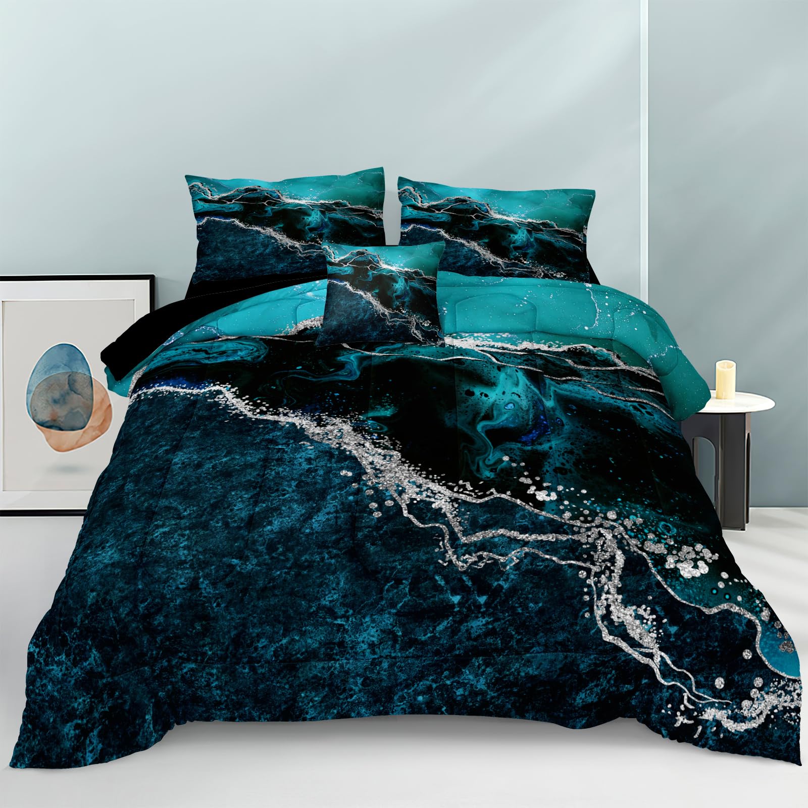 View 1 of Black Marble Comforter King Turquoise Blue Bedding Set 3 Pcs Marble Stone Natural Theme Artwork Abstract Comforter Super Soft Cozy Black Bed in A Bag with Comforter and Sheet Set
