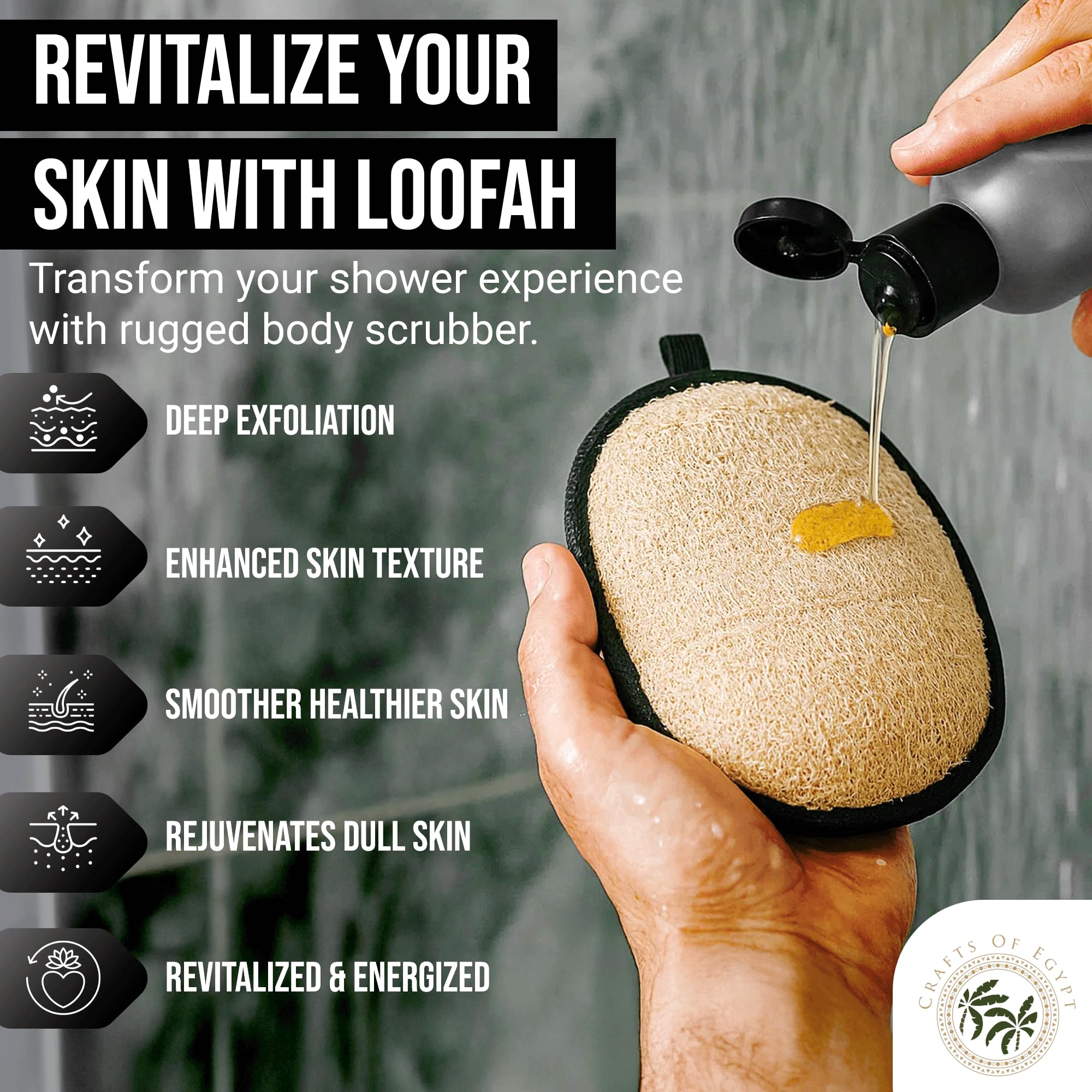 Loofah Body Scrubber for Men – Body Wash & Scrubbing Luffa, Rugged Yet Gentle Lufas for Smoother & Healthier Skin, Terry Cloth Pad for Manly Skin Care, Black & White Masculine Design Loufas Sponge