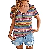 SweatyRocks Women's Striped Shirt Geometric Print Short Sleeve V Neck Boho Summer Tops