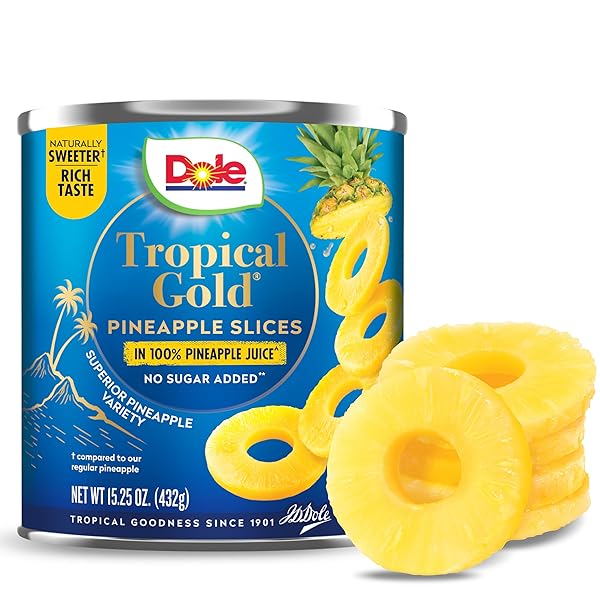 DOLE CANNED FRUIT, TROPICAL GOLD PINEAPPLE SLICES IN 100% PINEAPPLE JUICE, GLUTEN FREE, PANTRY STAPLES, NO SUGAR ADDED, 15.25 OZ