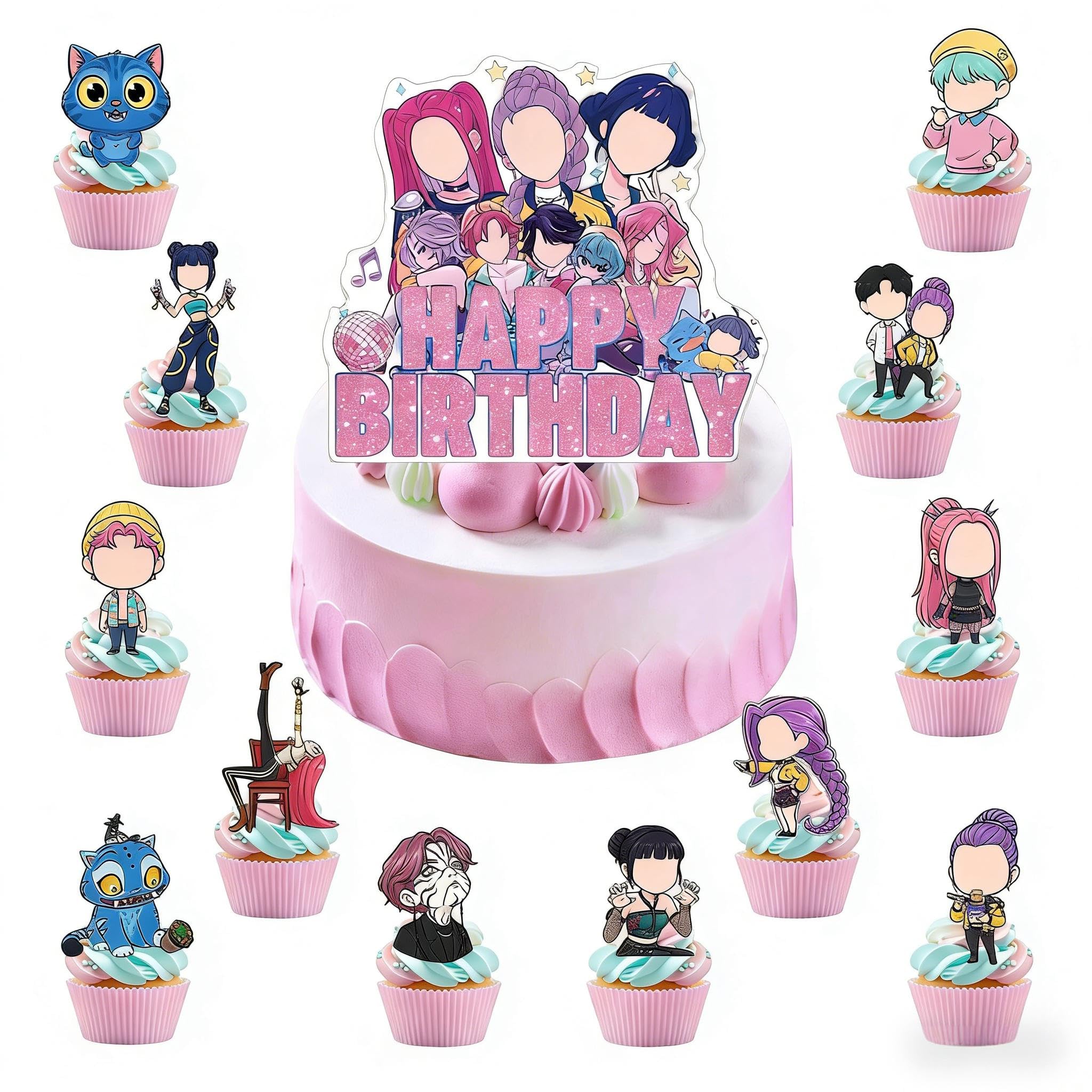 ELLXEN 25pcs Kpop Cake Decorations Set, 24pcs Cupcake Toppers & 1pc Cake Topper, Birthday Party Supplies for Celebrations
