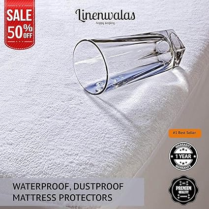 Linenwalas Waterproof and Dustproof Double Bed Fitted Mattress Protector - 72 x 72, White