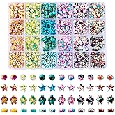 FASHEWELRY 570Pcs Turquoise Beads Sea Turtle Starfish Beads Ocean Theme Flat Round Loose Spacer Beads Colorful Kandi Beads for DIY Summer Beach Bracelet Necklace Earring Jewelry Making