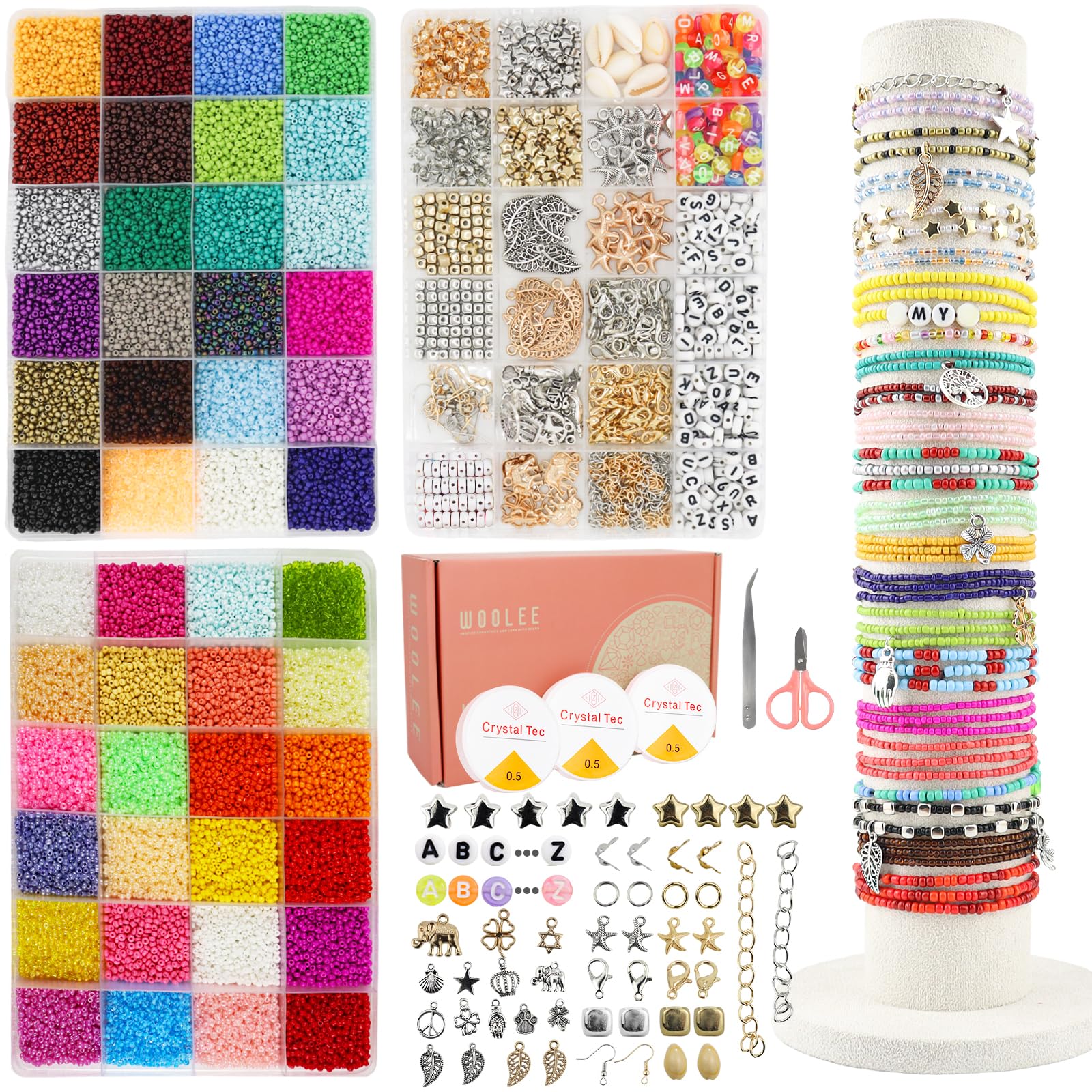 35980pcs+ 2mm Glass Seed Beads Bracelet Making Kit 48 colours seed beads Friendship Bracelet Making kit Tiny Beads Jewellery making kit with charms bracelets earrings necklaces Craft Gift for Girls