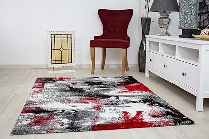 Vimoda Tapis Design Artistique Abstrait En Gris Rouge Noir