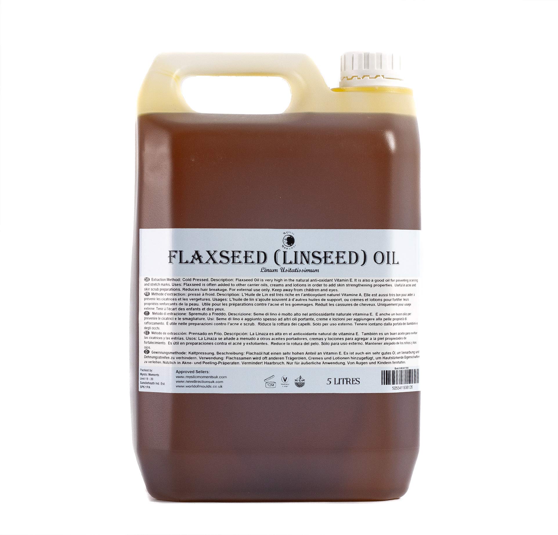 Mystic Moments| Flaxseed (Linseed) Carrier Oil 5 Litres | Linum usitatissimum | Nourishing Conditioning Oil for Skin & Hair | Natural Carrier for Massage, Aromatherapy & Cosmetic Use