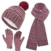 Womens Winter Hats Beanie Touchscreen Gloves Long Scarf Set Knit Warm Caps with Pom Fleece Gifts for Women