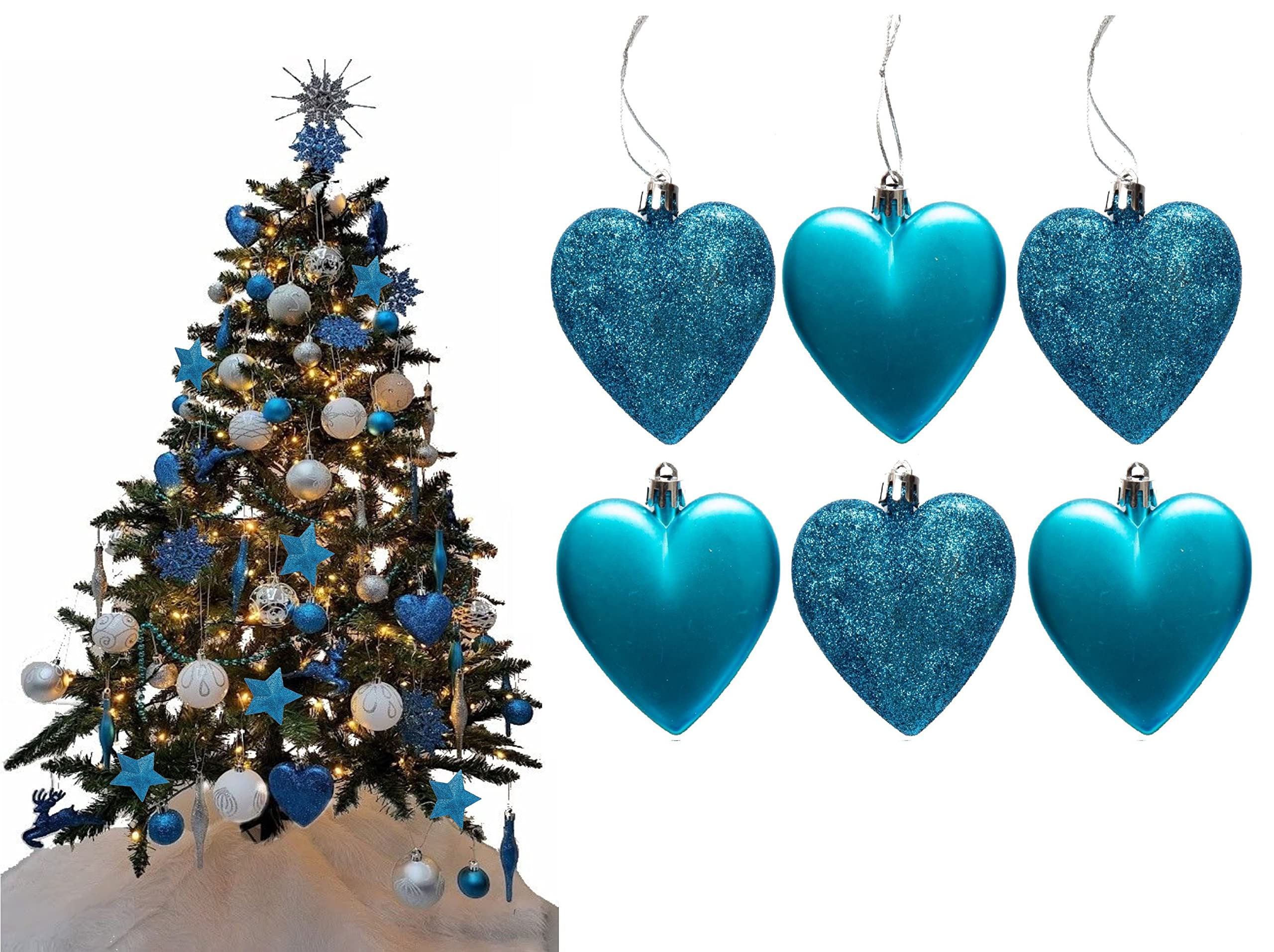 6pc Large Glitter & Matte Heart Baubles - Great Christmas Tree Decorations, Heart Baubles (Turquoise)