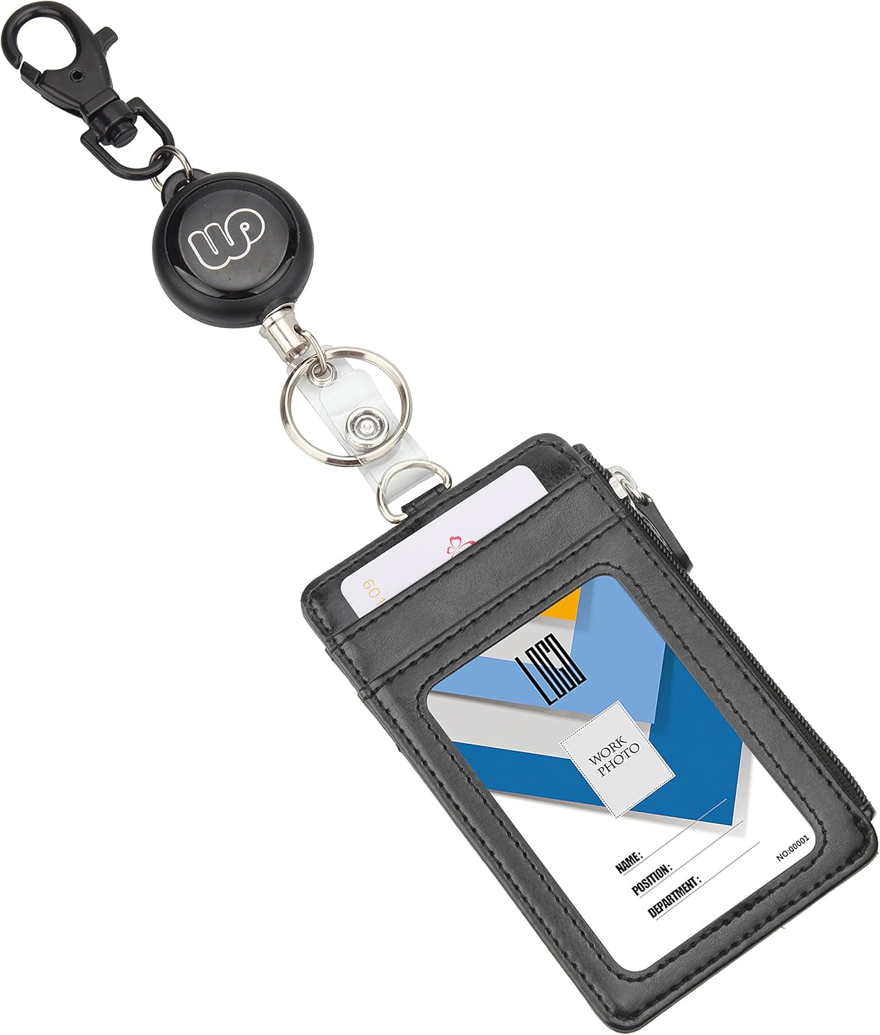 Wisdompro ID Badge Holder with Retractable Reel, Retractable 2-Sided PU Leather Pass Card Holder Wallet with Zipper Pocket