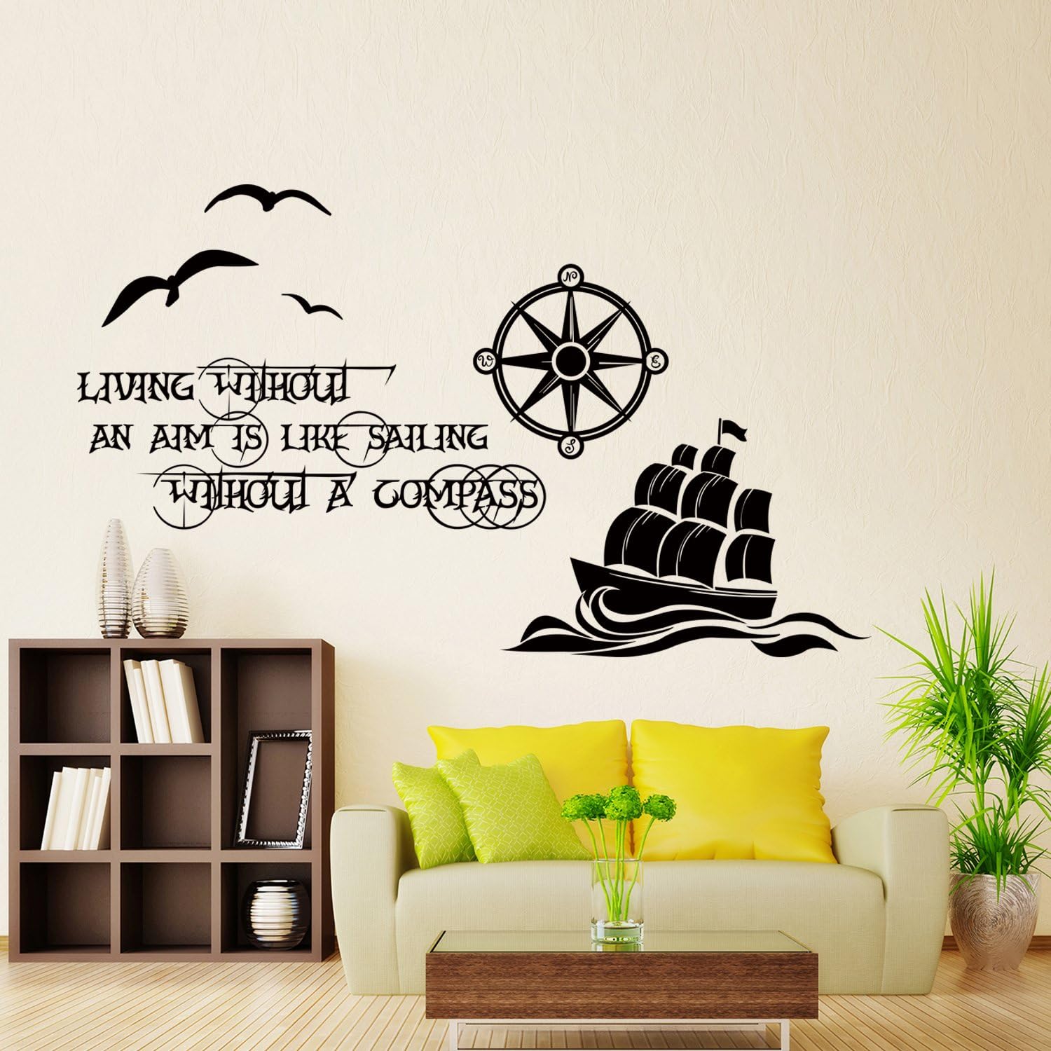 OLSR® Living Without An Aim Is Like A Sailing Without A Compass English Words Wall Stickers DIY Removable Waterproof Inspirational Sayings Home Decoration for Living Room Bedroom Office (A)