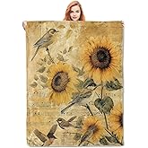 VANZEV Sunflower and Birds Blanket,Vintage Flannel Throw Blankets,Soft Warm Lightweight Cozy Plush Birds Throws for Bedroom Sofa Home Decor Gifts for Women Girls 50"x60"