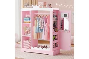 Xilingol Kids Armoire with Jewelry Cabinet, Dress up Storage with Mirror and Shelves, Princess Dress Closet and Costumes Wardrobe Closet, Costume Organizer for Bedroom, Kids Room, Girls (Pink)