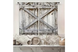 Famiffty Wooden Barn Door Kitchen Curtains Rod Pocket Rustic Gray Vintage Farmhouse Western Small Cafe Tier Curtains Village Rust Cabin Window Treatment Drapes Home Decor(27.5W X 39L Inch 2 Panels)