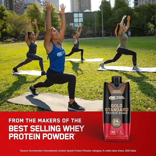 OPTIMUM NUTRITION GOLD STANDARD PROTEIN SHAKE, 24G PROTEIN, READY TO DRINK PROTEIN SHAKE, GLUTEN FREE, VITAMIN C FOR IMMUNE SUPPORT, CHOCOLATE, 11 FL OZ, PACK OF 4 (PACKAGING MAY VARY)