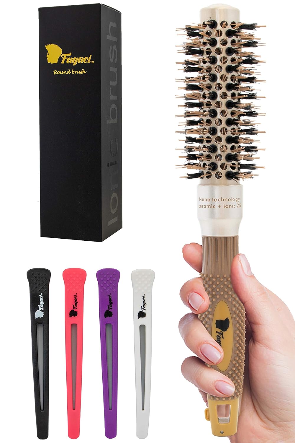 Fagaci Small Round Brush for Blow Drying with Natural Boar Bristle, Round Brush | Nano Technology Ceramic + Ionic for Hair Styling, Drying, Healthy Hair and Add Volume | Hair Brush + 4 Styling Clips