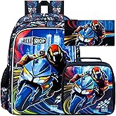 HPJGD 3PCS Boys Motocycle Backpack, Water Resistant Kids Bookbag Set with Lunch Box, Cute School Bag for Preschool Toddler