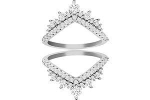 Tobestu 2pcs V-shape Stack Rings Set - 925 Sterling Silver Round CZ Crown Wedding Ring Guard Enhancer
